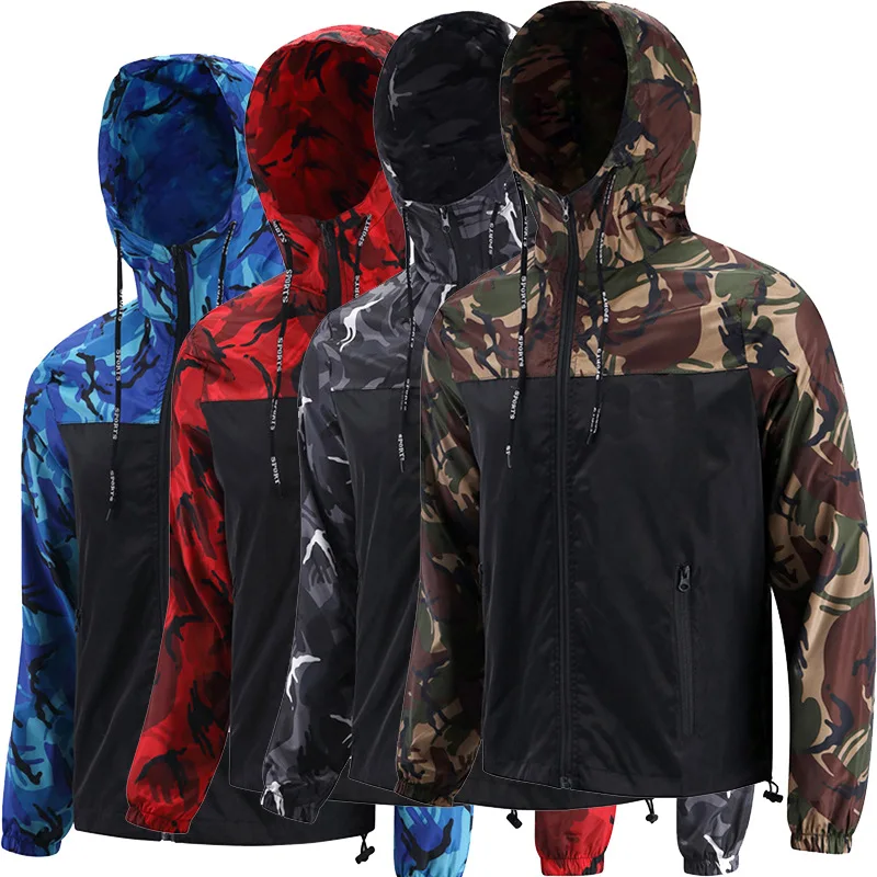 Men's Hooded Camouflage Lightweight Windproof Jacket Autumn Korean Style Bomber Outdoor Casual Sports Coat for Hiking Climbing