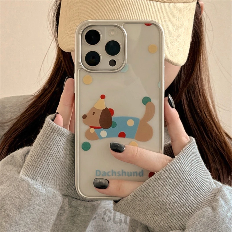 INS Cute Colorful Spots Puppy Phone Case For Iphone 15 12 11 13 Pro Max 14 Plus 3D Puppy Chain Hard Cover