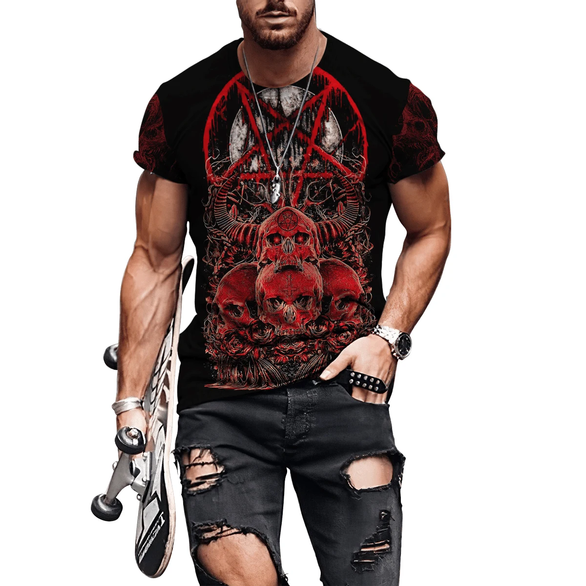 Satanic Skull Red Tattoo 3D All Over Printed Men's T-shirts Casual 0-Neck Short Sleeve Loose Tee Shirts Unisex Street Tees Tops