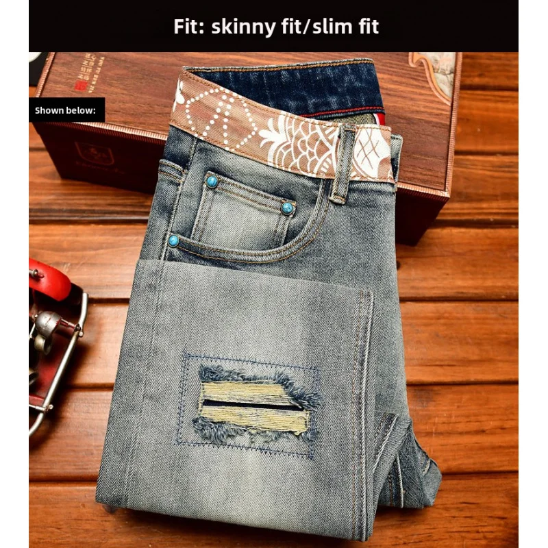 

Винтажные мужские джинсы в стиле ретро, легкие роскошные модные рваные облегающие брюки с принтом, модные эластичные брюки в американском стиле