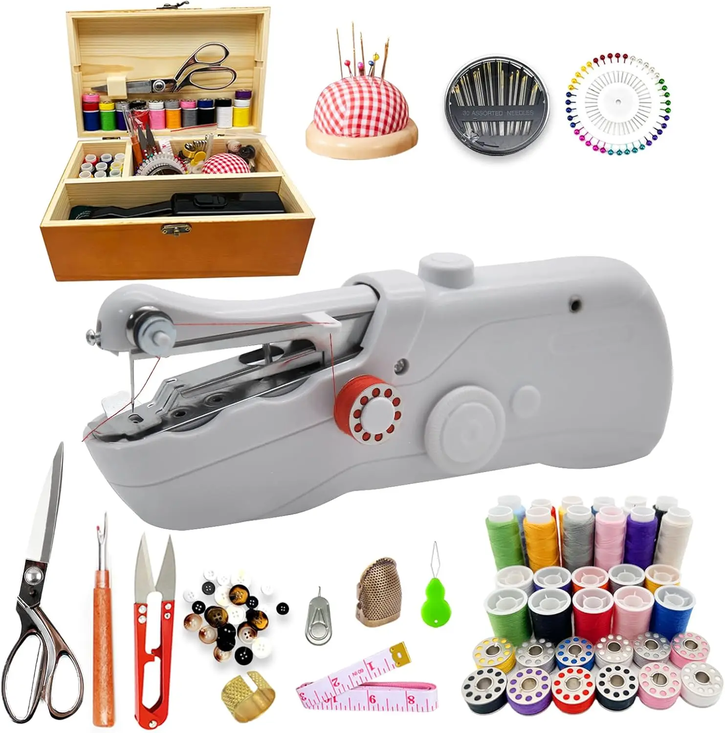 

Portable Electric Sewing Machine with Wooden Box & 142-Piece Kit - Dual Power, Heavy Duty Scissors for Home Use