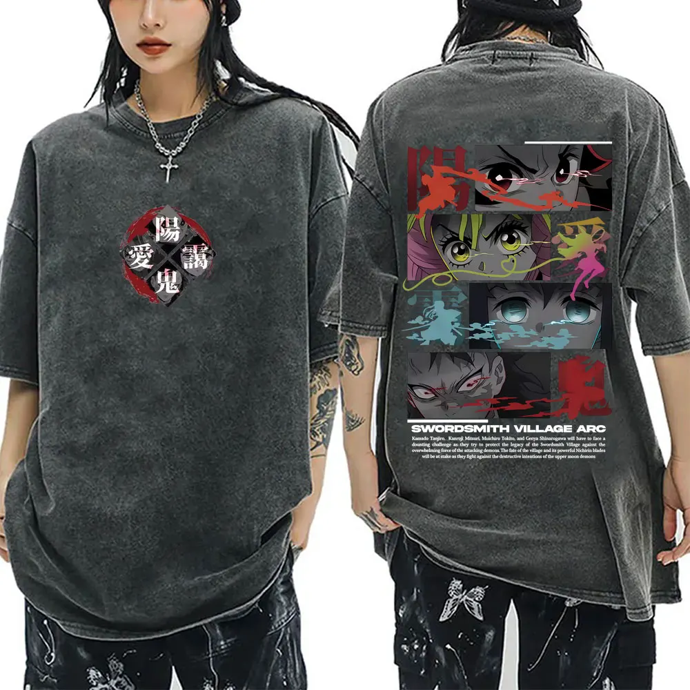 

Washed Vintage Men Women Anime Demon Slayer Kamado Tanjirou Kanroji Mitsuri Tokitou Muichirou Shinazugawa Genya Graphic T Shirts