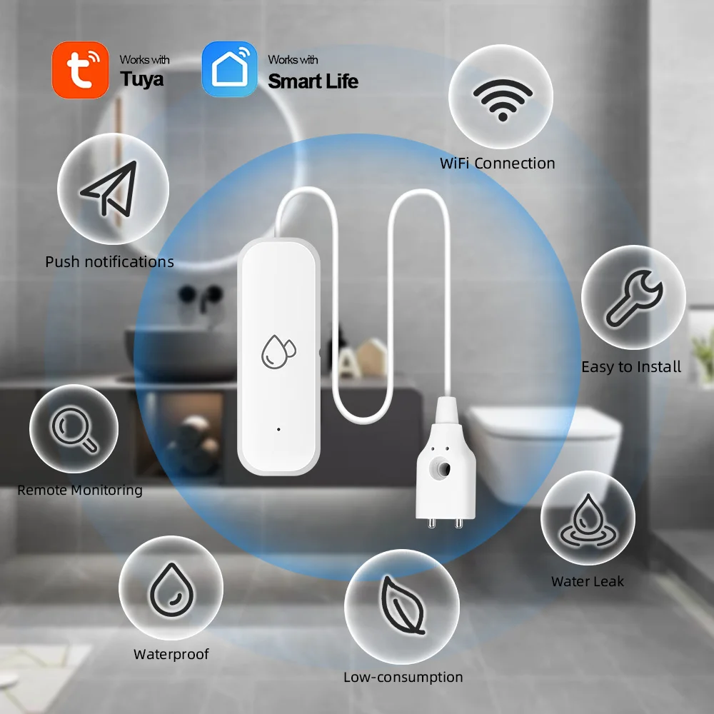 ZY-Tuya WiFi Water Leakage Sensor Detector, Smart Home, Inundação Alarme Vazamento de Água, Sistema de Segurança, Trabalhar com Alexa, Google