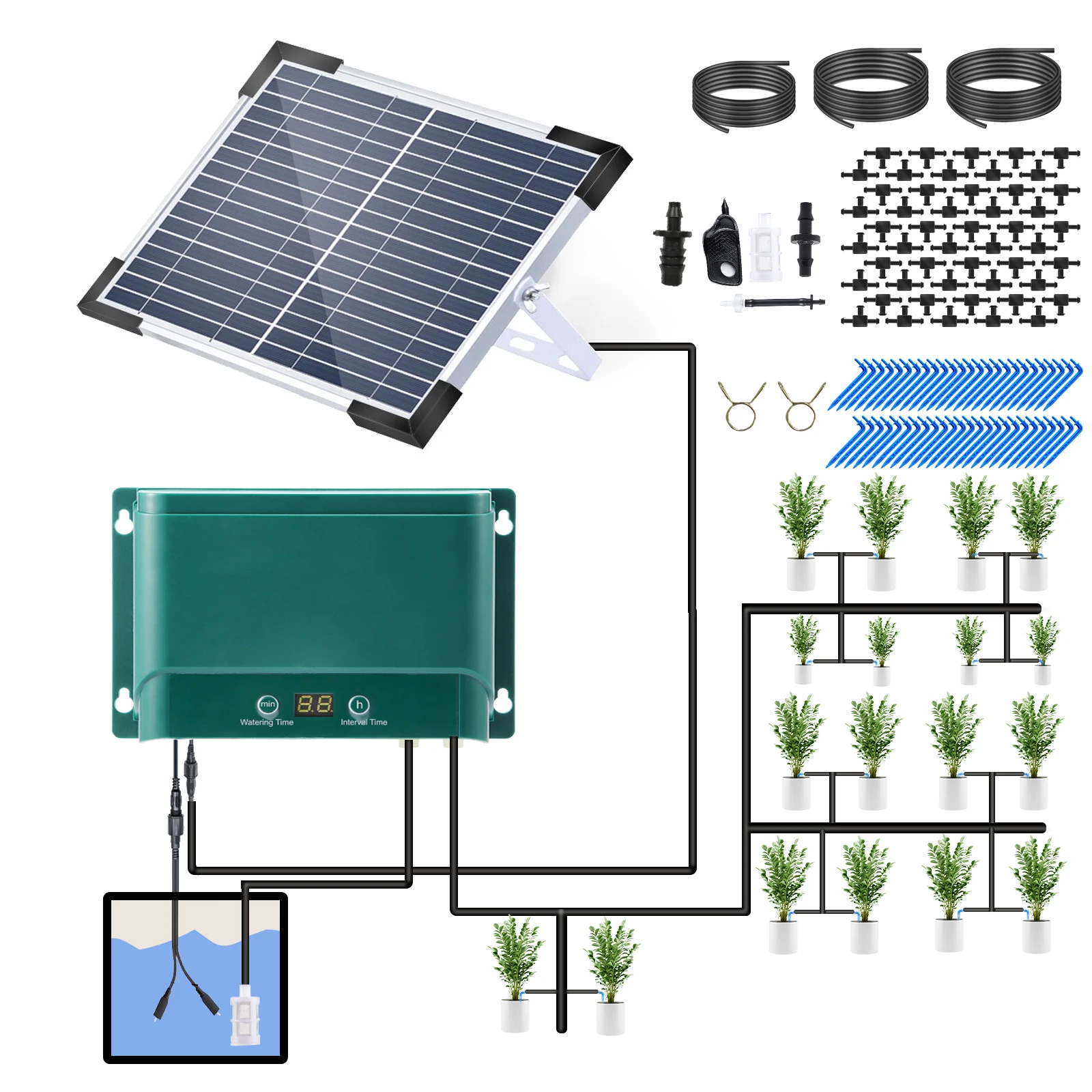 

Solar Automatic Drip Irrigation Kit Automatic Watering Irrigation System Set for Garden 7 Timing Modes 30 Watering Modes 32.8FT