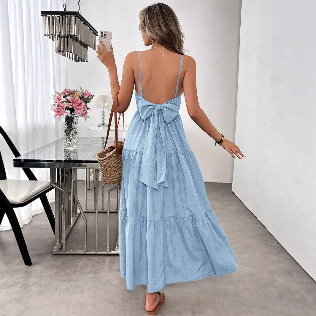 Vestidos de verano 2025 Vestidos básicos midi en capas con lazo liso y espalda descubierta con tirantes finos y cuello redondo para mujer