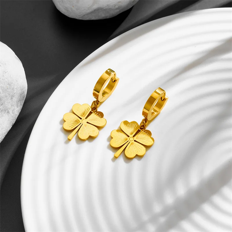 2023 Stainless Steel 4 Leaf Clover Flower Charm Drop Earrings For Women New Fashion Girls Ear Buckle Jewelry Birthday Gift