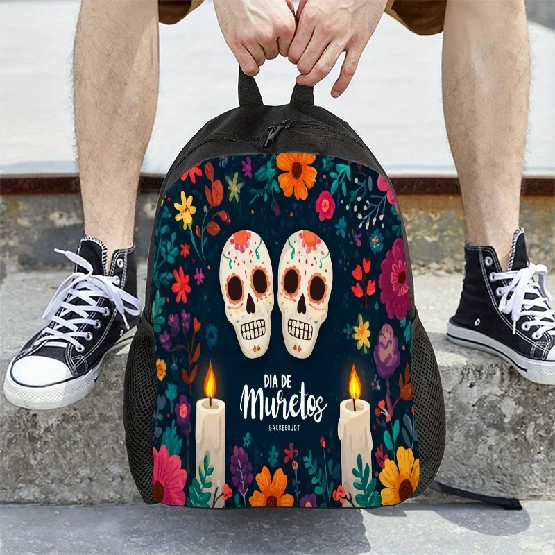 

Lightweight travel backpack with grim reaper design with adjustable shoulder straps and painted skull background, suitable
