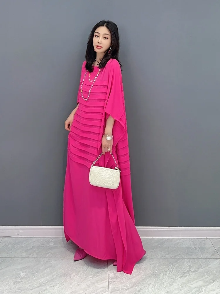 Vefadisa2024 Summer New Fashion Bat Sleeves Dress Personalized Pleated Tassel Rose Red And Blue Women Elegant Trendy Dress ZY682