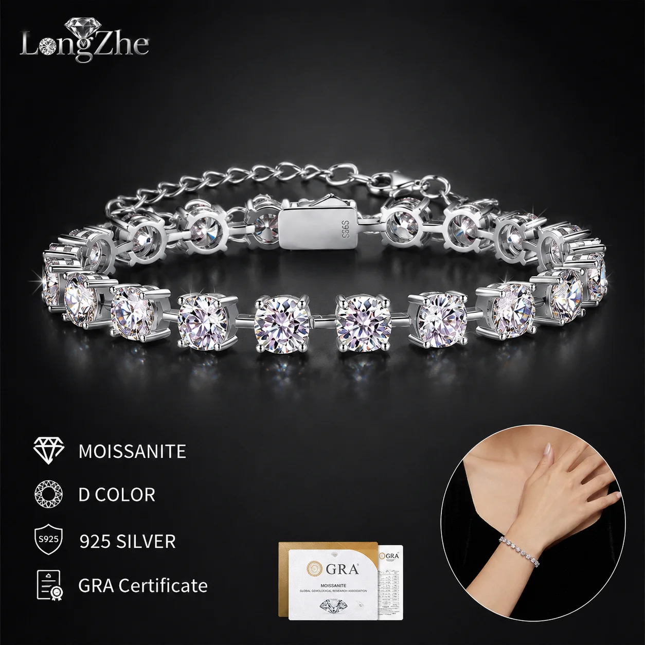 S925 Sterling Silver Moissanite Tennis Bracelet 3mm 4mm Square Cut Stones for Women Wedding Anniversary Fine Jewelry Gift