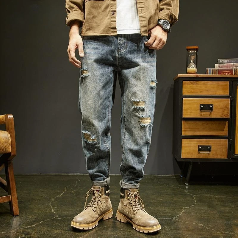 

Рваные рваные брюки-шаровары Мужские ковбойские брюки с отверстиями Одежда Y2k 2000-х годов Ретро Kpop Обычные джинсовые роскошные мужские джинсы Xs Broken