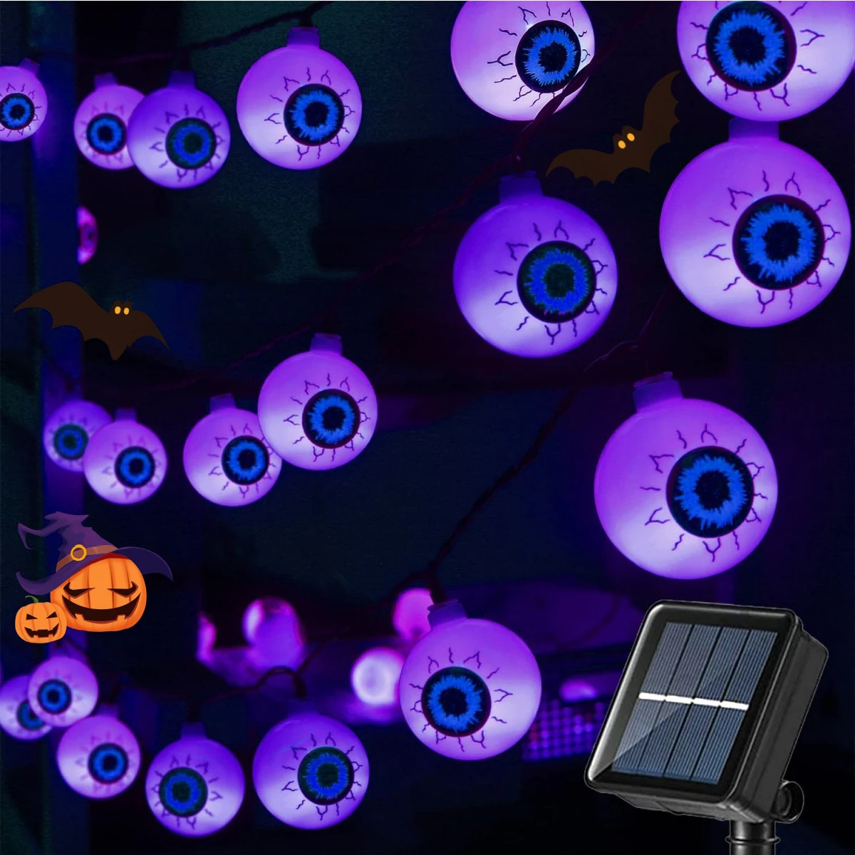 Roxo Eyeball String Light com 8 modos de iluminação, à prova d'água, Solar Powered, Halloween Lights, Casa, Dia das Bruxas, 1PC, 20 LED, 30 LED