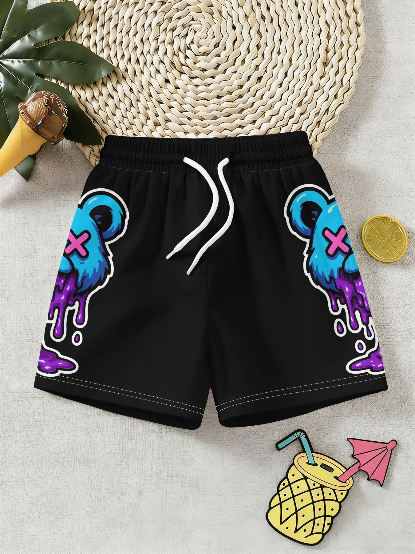 Pantalones de Playa para Niños con Estampado de Oso Graffiti Oscuro, Shorts de Verano de Secado Rápido, Traje de Baño de Cinco Puntos para Niños, Apto para Usar en el Agua