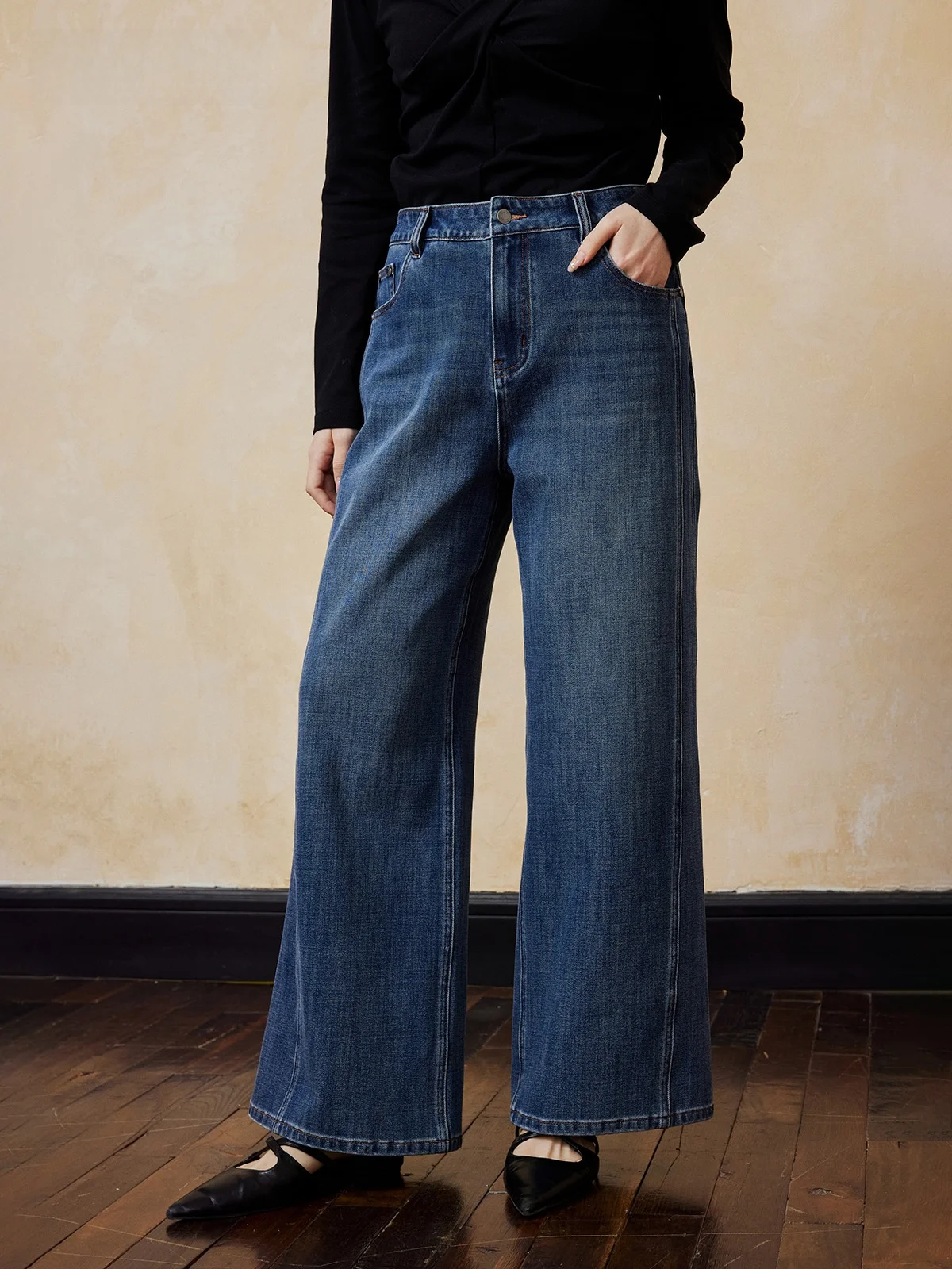 

Plusmall Spring Refined Wide Leg Jeans Loose Fit Casual Straight Cut Rigid Denim Side S Split Slimming Effect