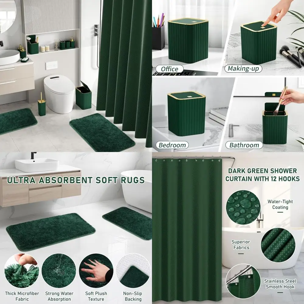 

Набор темно-зеленых аксессуаров для ванной комнаты из 27 предметов с занавеской для душа, ковриками, мусорным баком, щеткой для унитаза и дозатором мыла