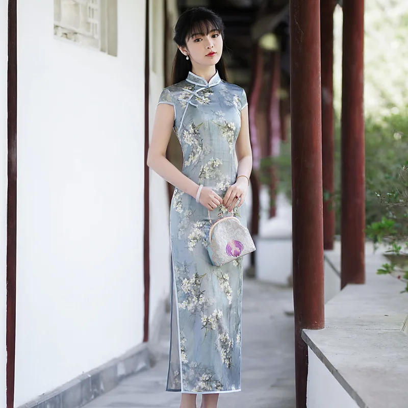 Summer Blue Long Stand Collar High Quality Real Silk Short Sleeve Magnolia Vintage Cheongsam Qipao Women's Dress