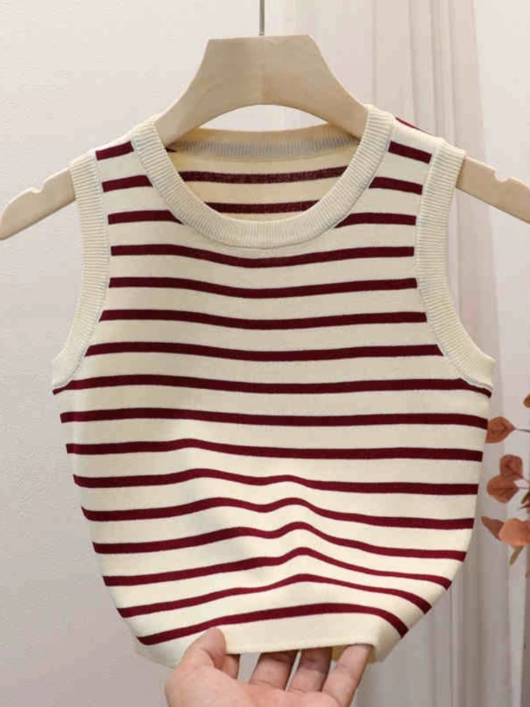 2026 Spring Summer New Sleeveless Ice Silk Knit Tank Top Striped O-Neck Women's Camisole Slim Fit Versatile  Crop Tops