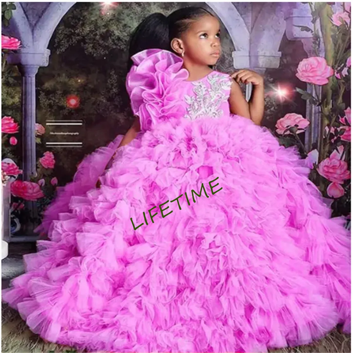 Pink Purple Flower Girl Dress For Wedding Sleeveless O Neck Layered Floor Length Cute Princess Birthday Party Ball Gowns