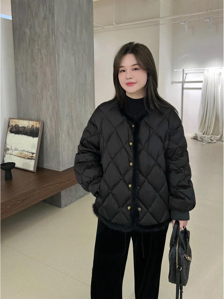 

JoJo Private Label Luxury Du down Jaet Quilted Slim Fit Coat with Fur Trim Tee Star 90 White Goose down for Women