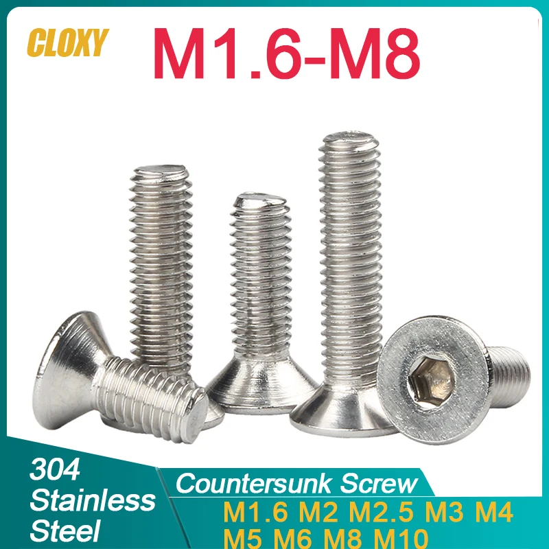 M1.6 M2 M2.5 M3 M4 M5 M6 M8 M10 304 Stainless Steel Hexagon Hex Socket Countersunk Screw Flat Head Screw Allen Bolts DIN7991