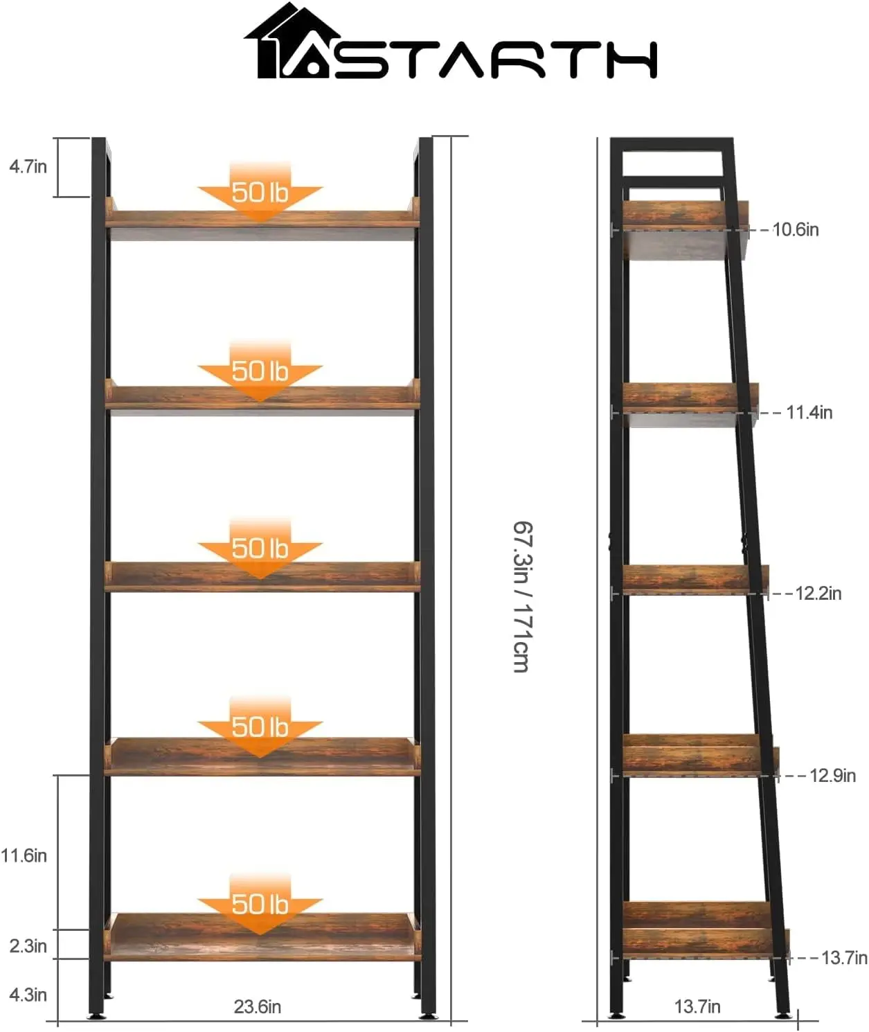 5 Tier Ladder Shelf 67 Inch Tall Open Floor Standing Bookshelf Wooden Display Shelves Metal Frame Living Room Home Office Rustic