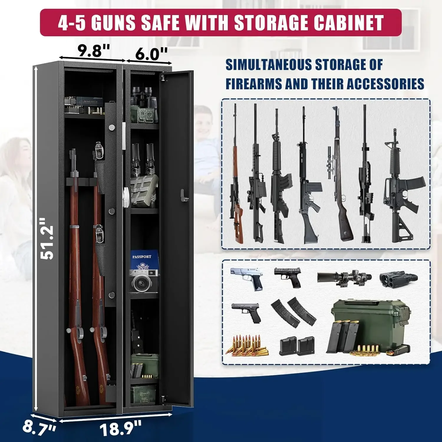 4-5 Gun Safe, Gun Safe for Rifles and Pistols, Large Gun Safes for Home and Shotgun,Gun Safe with Removable Shelf