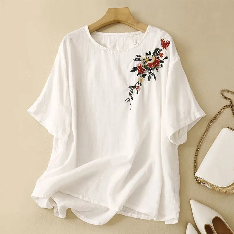 Women\'s Summer New Art Retro Minimalist Embroidered Cotton Linen Loose Round Neck Pullover Solid Color Short Sleeve T-shirt Tops