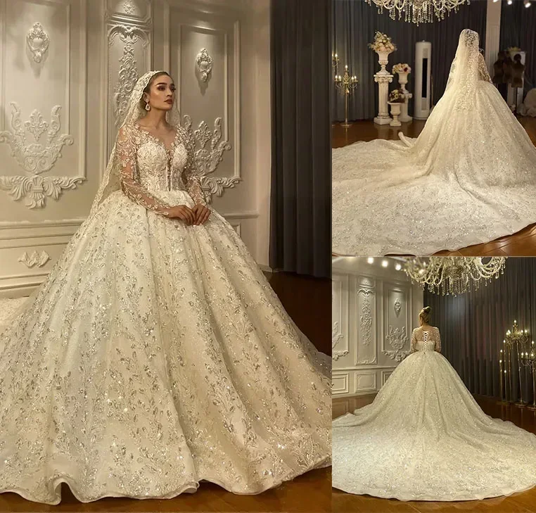 

Потрясающие свадебные платья с круглым вырезом и аппликациями из бисера по индивидуальному заказу, соборный шлейф, Vestidos De Casamento, корсет с длинными рукавами и спиной