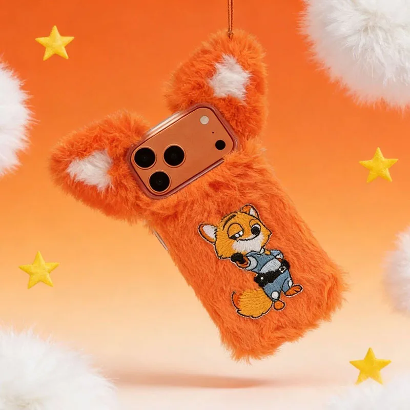 

Suitable for Iphone Cute Fox Plush Phone Case 3D Ears Design Warm Furry Shockproof Protective Cover for Winter Kawaii Girls Gift