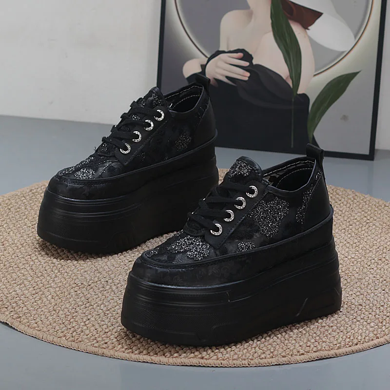 شبكة تنفس سميكة وحيد منصة حذاء أبيض الترا عالية الكعب 12 سنتيمتر الارتفاع زيادة 10 سنتيمتر للنساء قصيرة الدانتيل شبكة أحذية رياضية #3