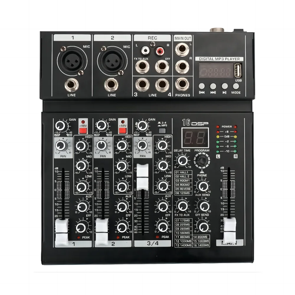 

Sound Card Audio Mixer Sound Board Console Desk System Interface 4 Channel USB BT +48V Power Stereo digital mixer