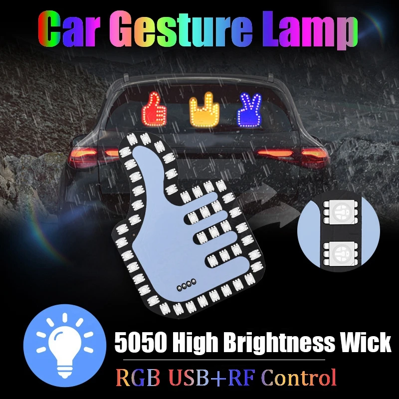 Middle Finger Gesture Lamp Car Finger Light With Remote Control USB Car Rear Window Atmosphere Lights Hand Lamp Sticker