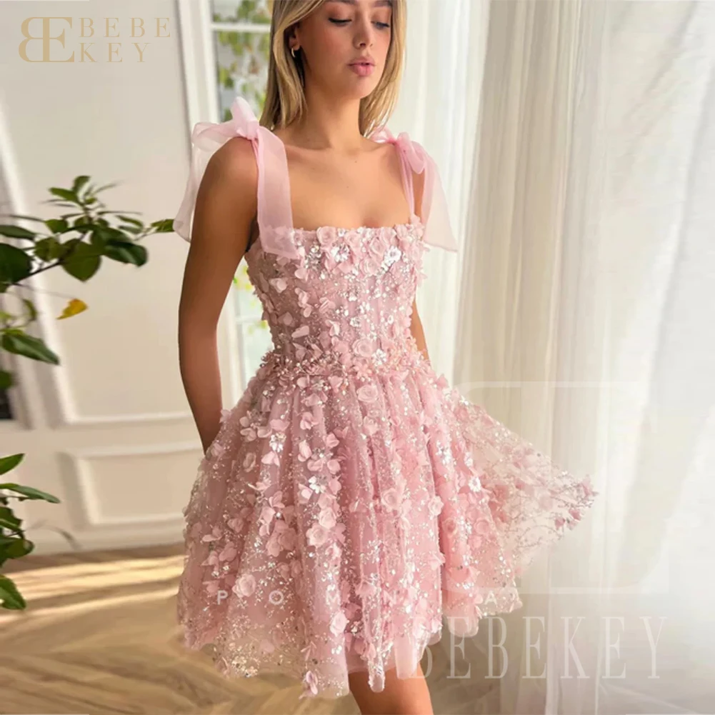 

BEBEKEY Customized Pink Princess Mini Prom Dresses Short 3D Flower Lace Embroidery Tulle Evening party Dress Formal Gown Robe