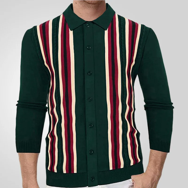 

Men's Business Casual Long Sleeve Cardigan Spring Thin Striped Polo Shirt