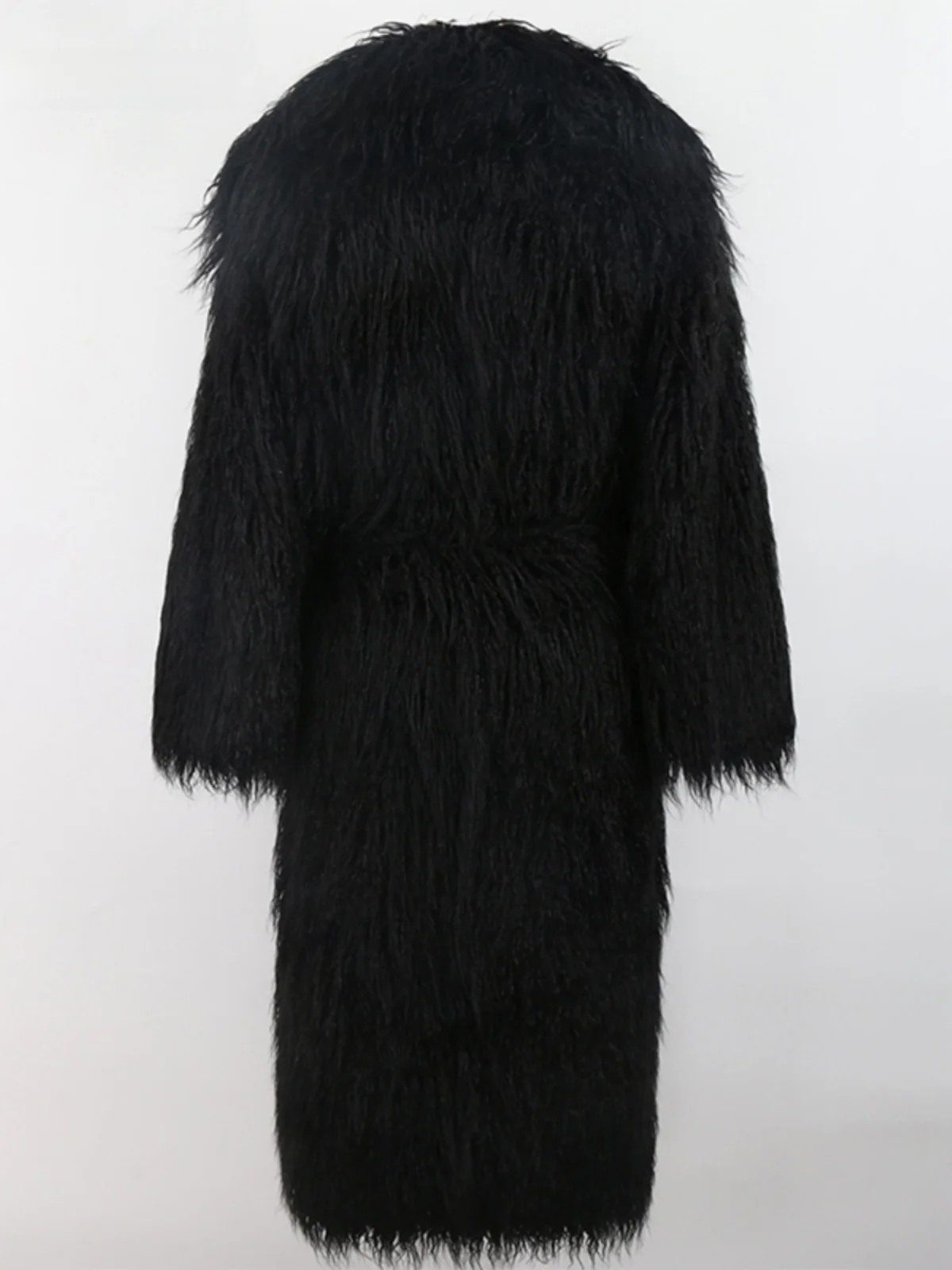 Nerazzurri Women's Long Tied Waist Fur Coat Simulated Leather Warm Comfortable Fashionable Black And White Outerwear