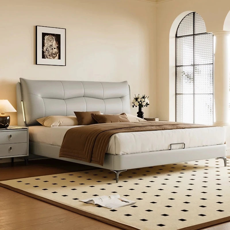 Light luxury modern Italian leather double storage wedding bed soft upholstered high end master bedroom home decoration layout