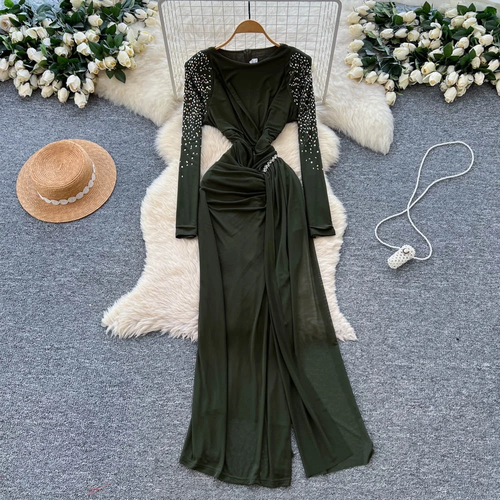 Clothland mujeres Rhinestone brillante Maxi Vestido cuello redondo manga larga elástico ajustado Mujer Chic Vestido de noche largo Vestido QE276