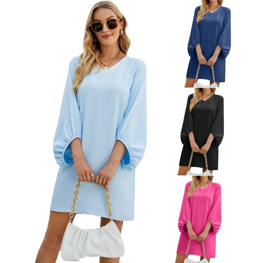 

Autumn and Winter Casual Solid Color V-neck Seven-quarter Sleeve Bubble Sleeve Loose Dress Women