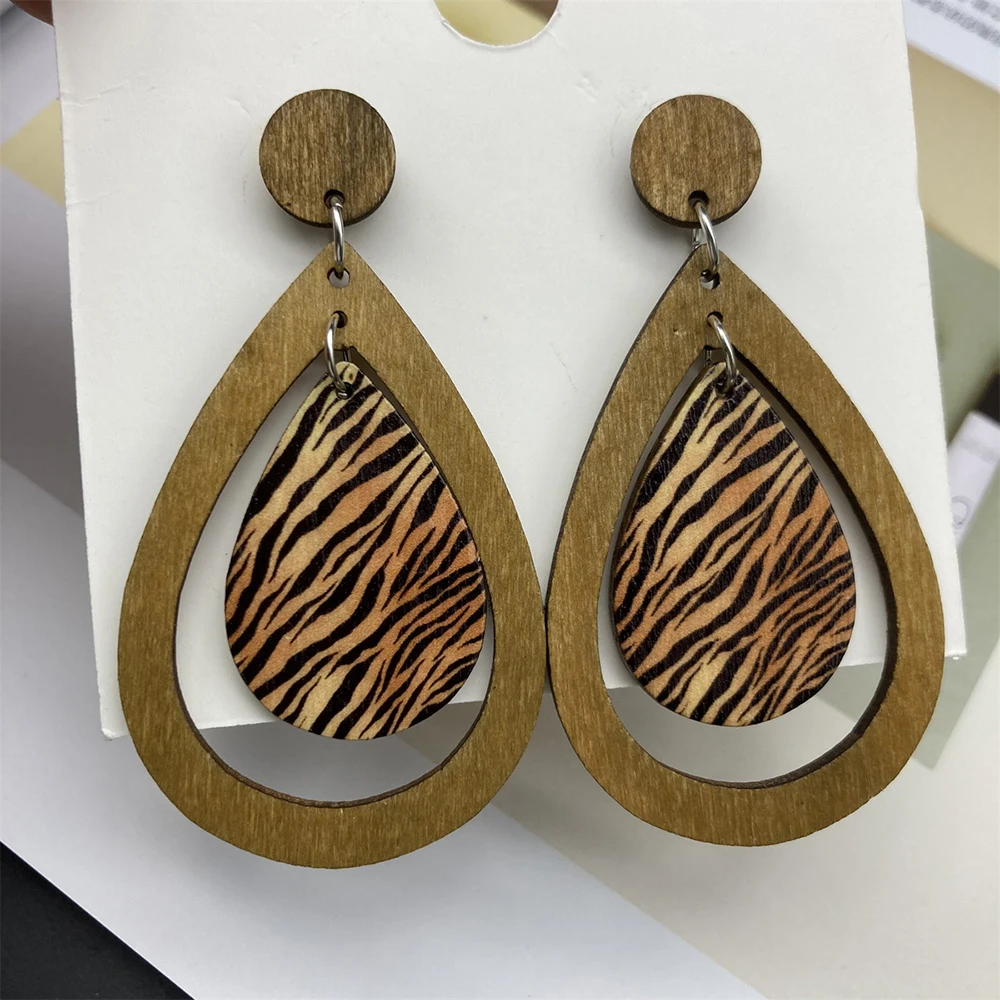 Vintage Water Wave Zebra Print Dangle Earrings for Women Ethnic Hollow Design Water Drop Earring Female Wooden Jewelry