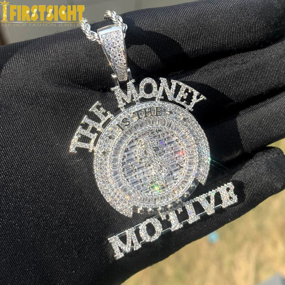 Iced Out Bling Letters The Money Motive Pendant Necklace Silver Color 5A Zircon Round Charm Necklaces Men's Hip Hop Jewelry