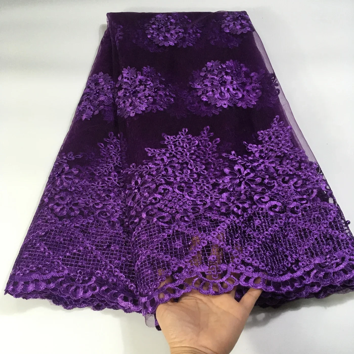 

Latest Purple French Lace Fabric 2023 High Quality African Lace Fabric With Beads And Stones Nigerian Tulle Wedding Fabric KPP03