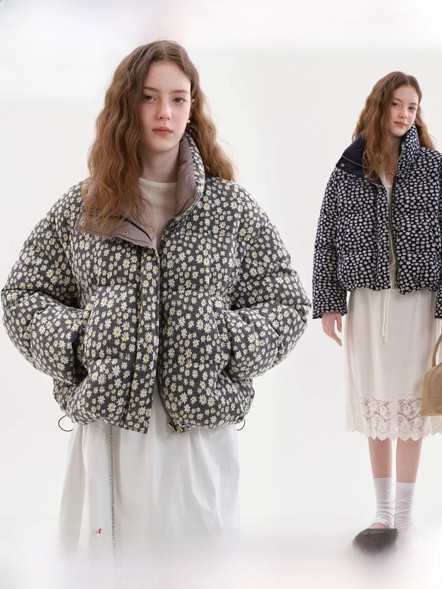 

Fano Loose Women's down Jaet Floral Print Stand Collar Waist-Cinching Winter Warm Sun Print Daisy Patterned Commute Sle