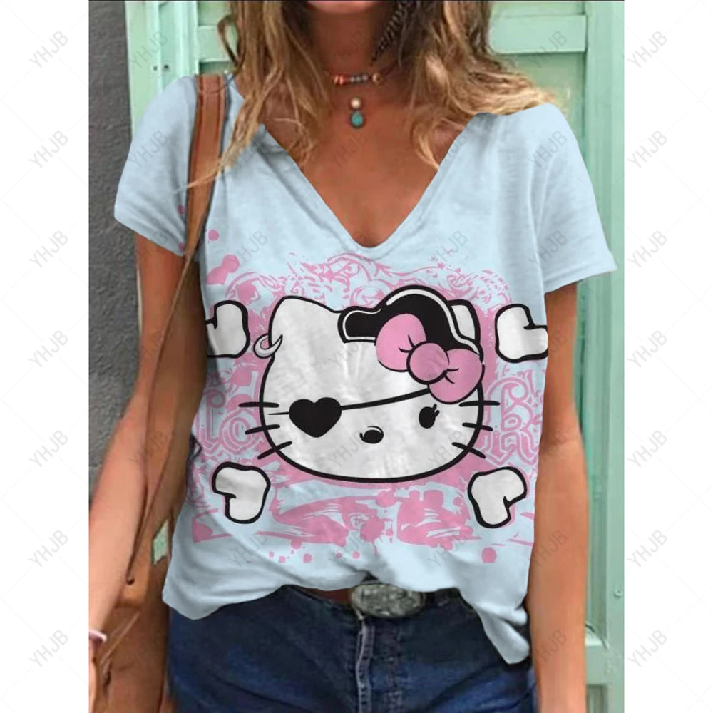 Hello Kitty V-neck  Female T Shirts  Graphic Top Women's Cartoon T-shirt Korean Popular Clothes Short Sleeve Woman Casual Tee