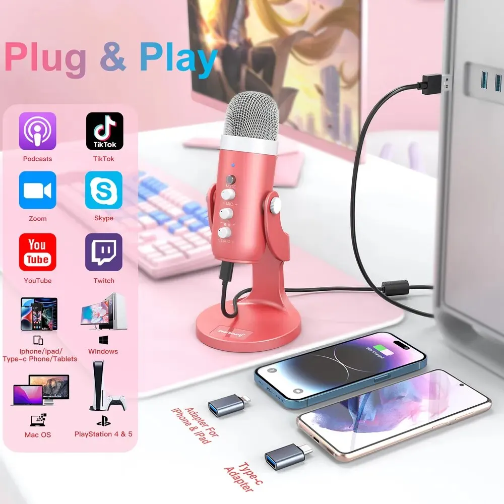 Haomuren USB Condenser Microphone Pink Studio Recording Mic for PC Mac Computer Phone Gaming Streaming Podcasting Laptop Desktop