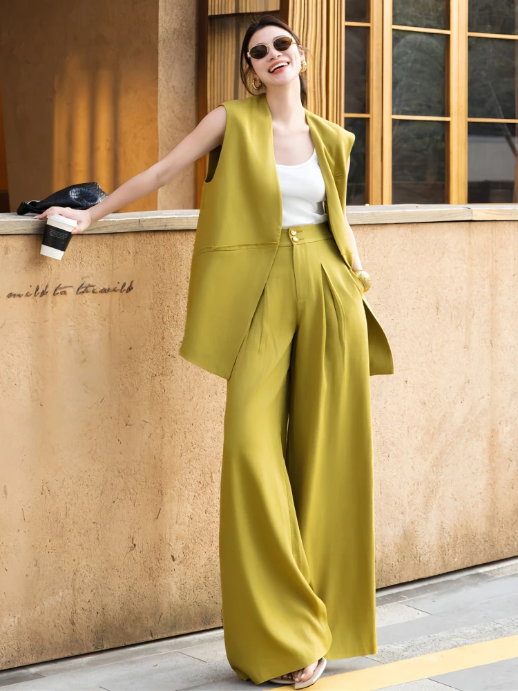 

Faionable Acetate Suit Set Yellow Mustard Wide Leg Pants Vest Two Piece Set Simple Elegance Summer Outfit for Women over 35