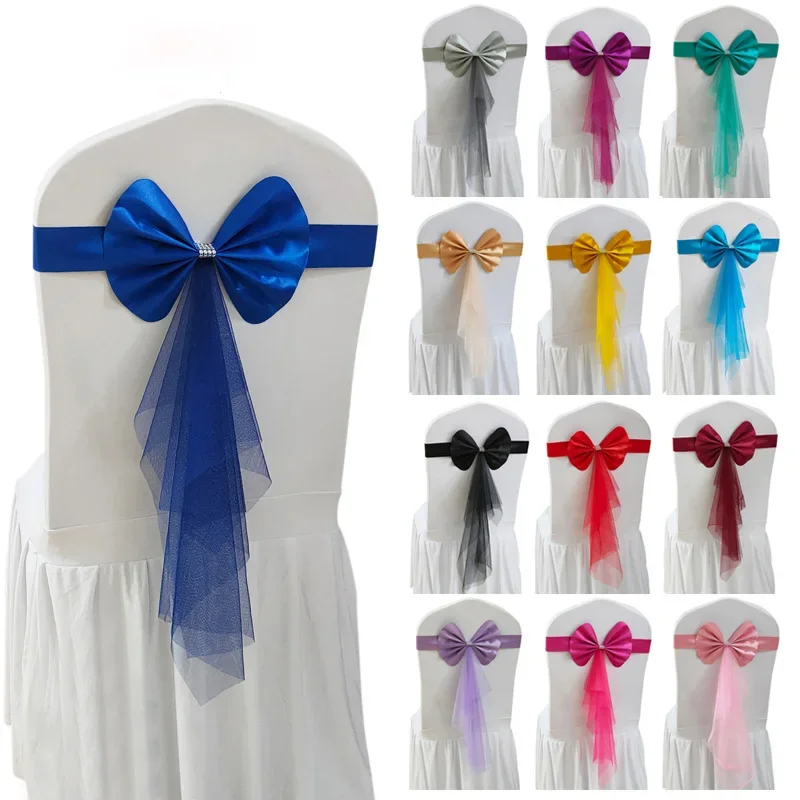 10/50pcs Stretch Spandex Chair Bow Knot Bands With Organza Ribbon Tie   Party Banquet Elastic Wedding Chair Sash Bows