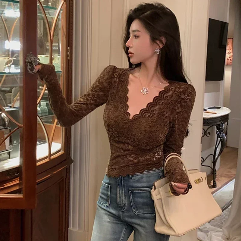 

2023 V Neck Long Sleeve Lace Blouse Women Elegant Slim Fit Fashion Crochet Tops New Hollow Simple Casual Sexy Short Shirt 29993