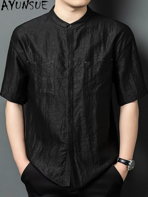 AYUNSUE High-end 100% Real Mulberry Silk Shirts for Men Summer Short Sleeve Tops Fashion Gauze Silk Black Shirt Man Streetwear