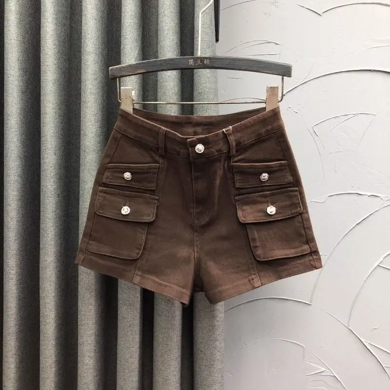 

Джинсовые шорты с высокой талией, лето 2021, модные универсальные брюки-карго с разрезом на тонких пуговицах, широкие брюки-карго, женские однотонные джинсы