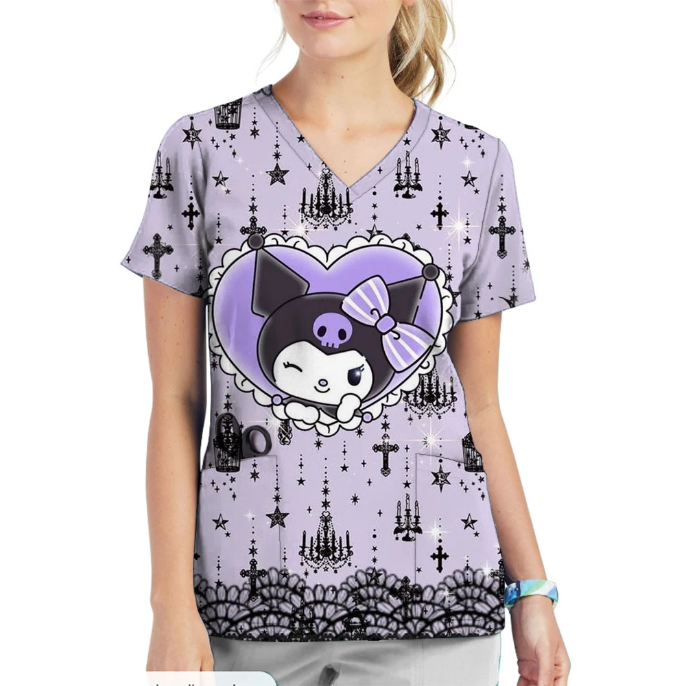 Hello Kitty/Kuromi printed nurse frosted top women's work clothes shirt short sleeved V-neck uniform dentist nurse uniform