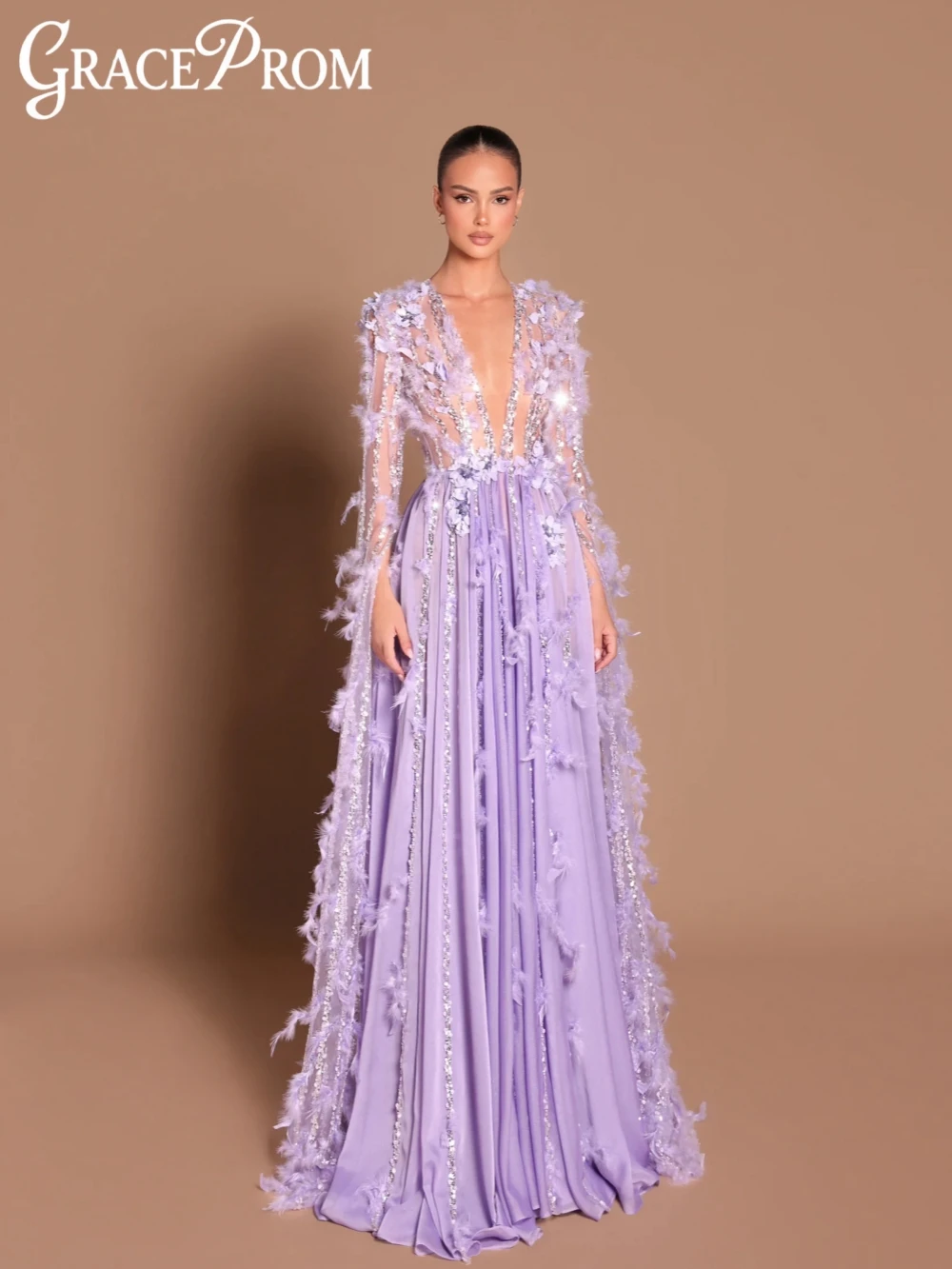 

Фиолетовое очаровательное вечернее платье с перьями и бисером, элегантное шифоновое платье с накидкой и рукавами, свадебное платье, платья для выпускного вечера с 3D цветами по индивидуальному заказу